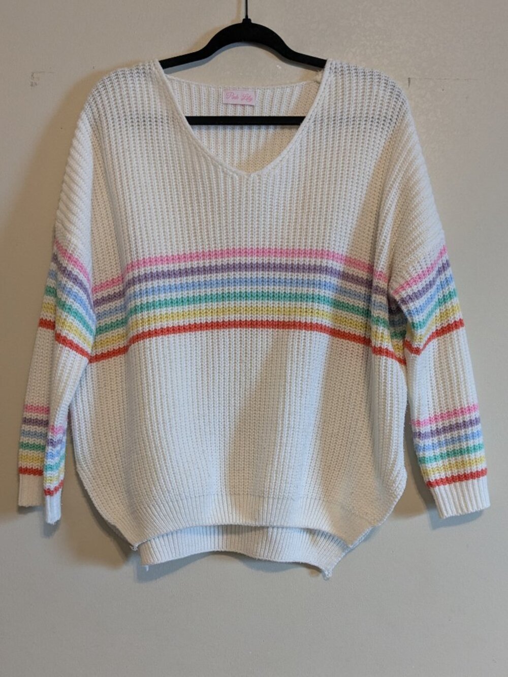 White Sweater With Rainbow Stripes